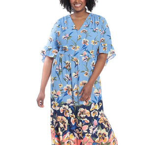 Vestido longo feminino com estampa floral London Times, azul, tamanho 22W