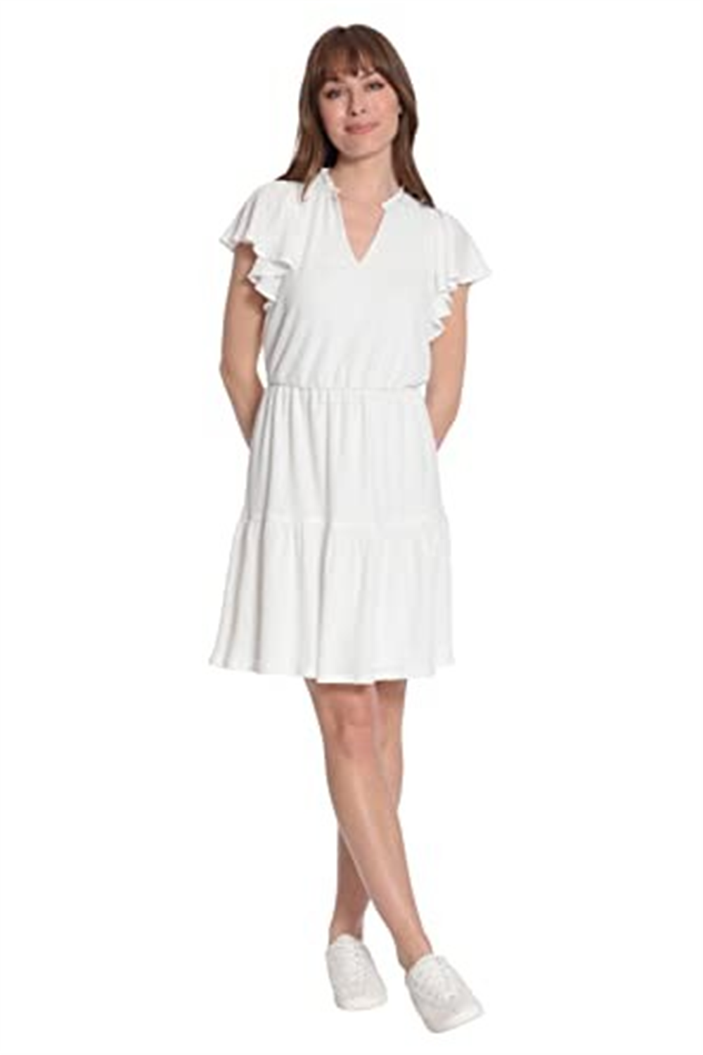 London Times Feminino Branco Manga Flutter Ajuste em Camadas e Flare Tamanho 2X