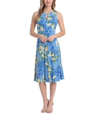 Vestido midi plissado com estampa floral e decote em V, tamanho 8, azul, London Times