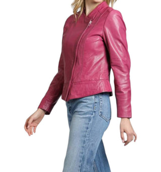 11 Uptown - Jaqueta curta de couro de cordeiro sem gola e com zíper