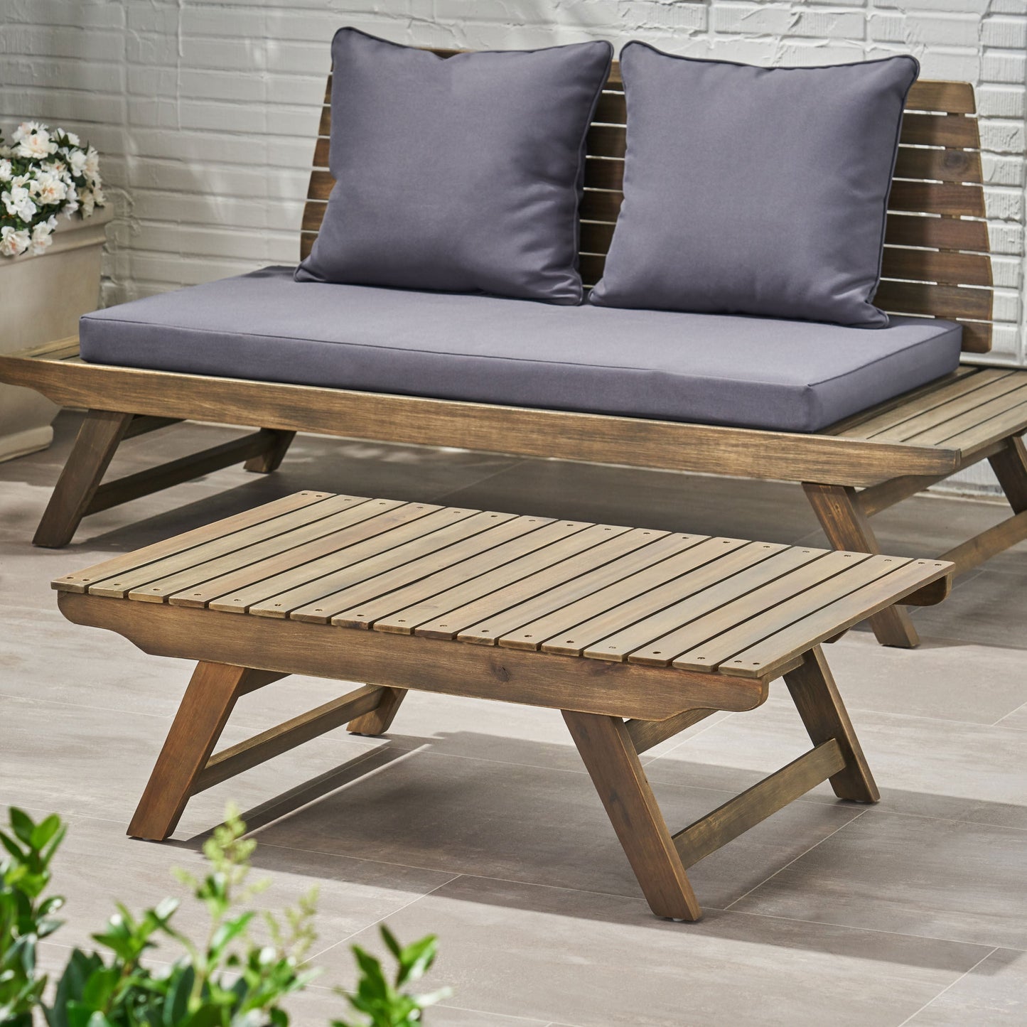Outdoor Acacia Wood Coffee Table with Open Slat Design, Grey