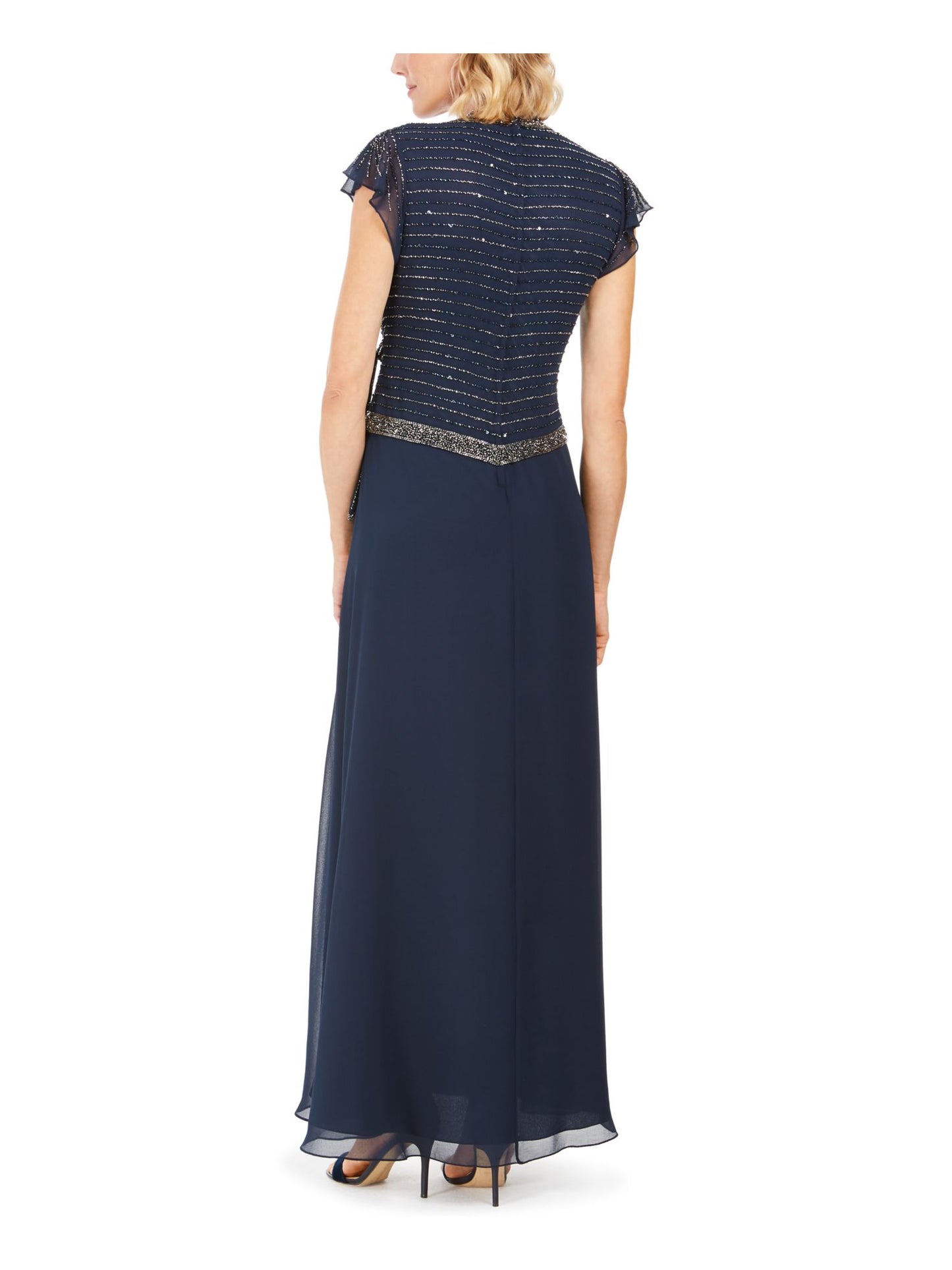 Vestido longo com amarração lateral e detalhes em azul J Kara, tamanho 16