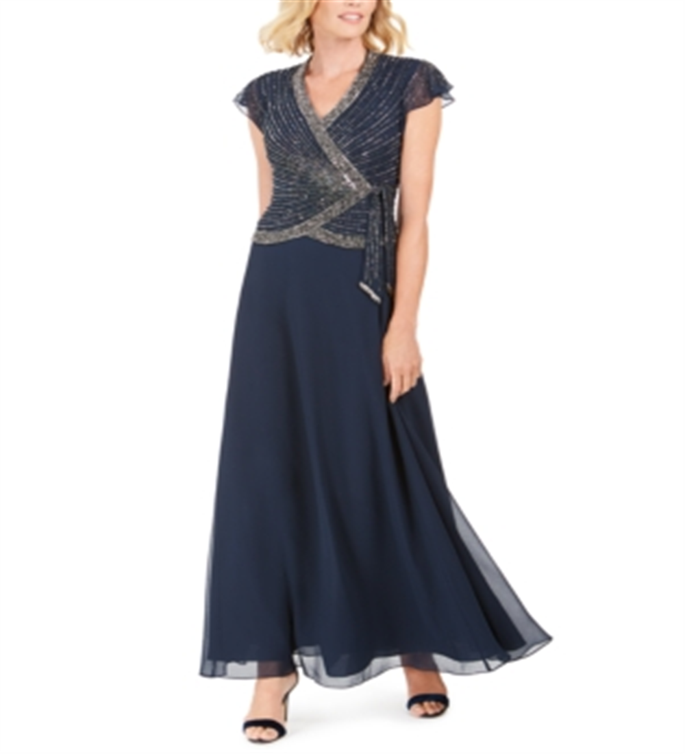 Vestido longo com amarração lateral e detalhes em azul J Kara, tamanho 16