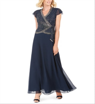 Vestido longo com amarração lateral e detalhes em azul J Kara, tamanho 16