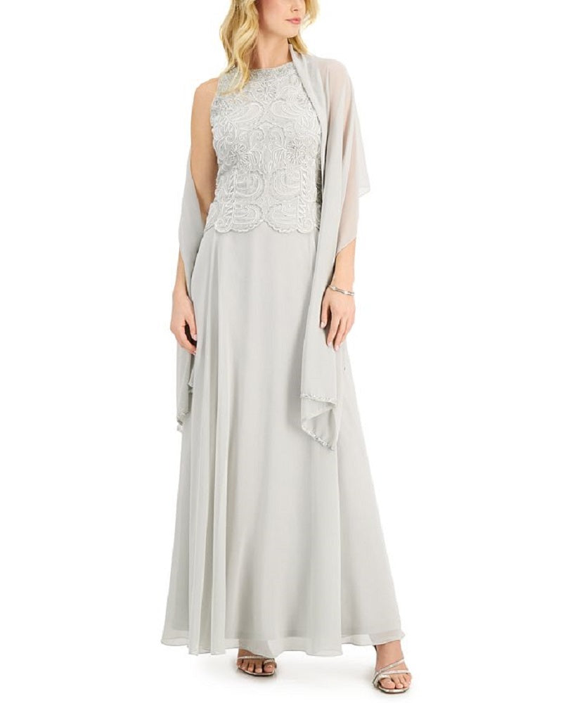 Vestido feminino com contas e cachecol de chiffon J Kara, tamanho 6, prateado