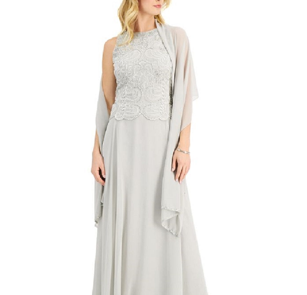 Vestido feminino com contas e cachecol de chiffon J Kara, tamanho 6, prateado