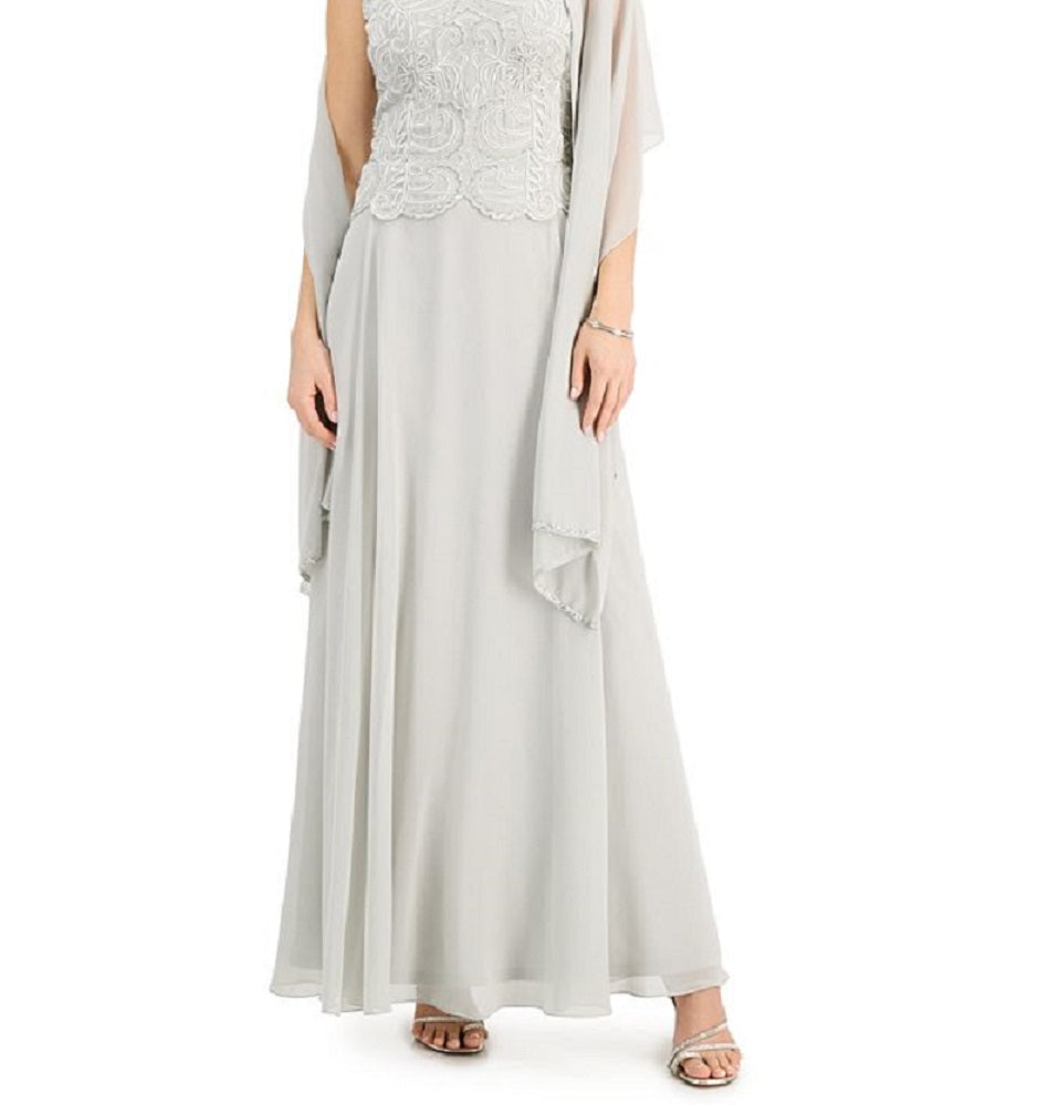 Vestido feminino com contas e cachecol de chiffon J Kara, tamanho 6, prateado