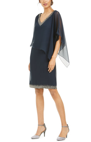 Vestido tubinho com sobreposição e detalhes embelezados J Kara para mulheres, azul, tamanho 16