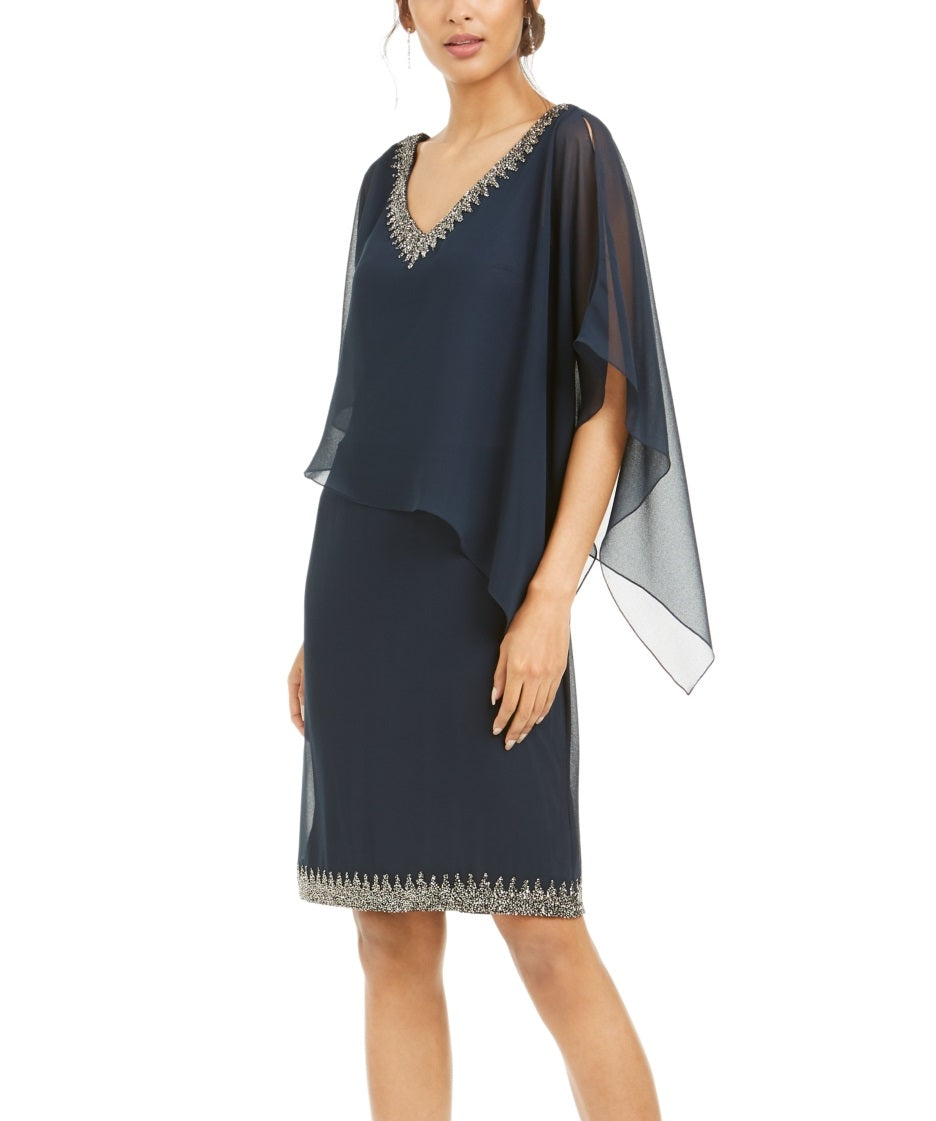 Vestido tubinho com sobreposição e detalhes embelezados J Kara para mulheres, azul, tamanho 16