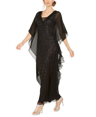 Vestido de festa feminino J Kara com lantejoulas e borboleta em chiffon, preto, tamanho 14