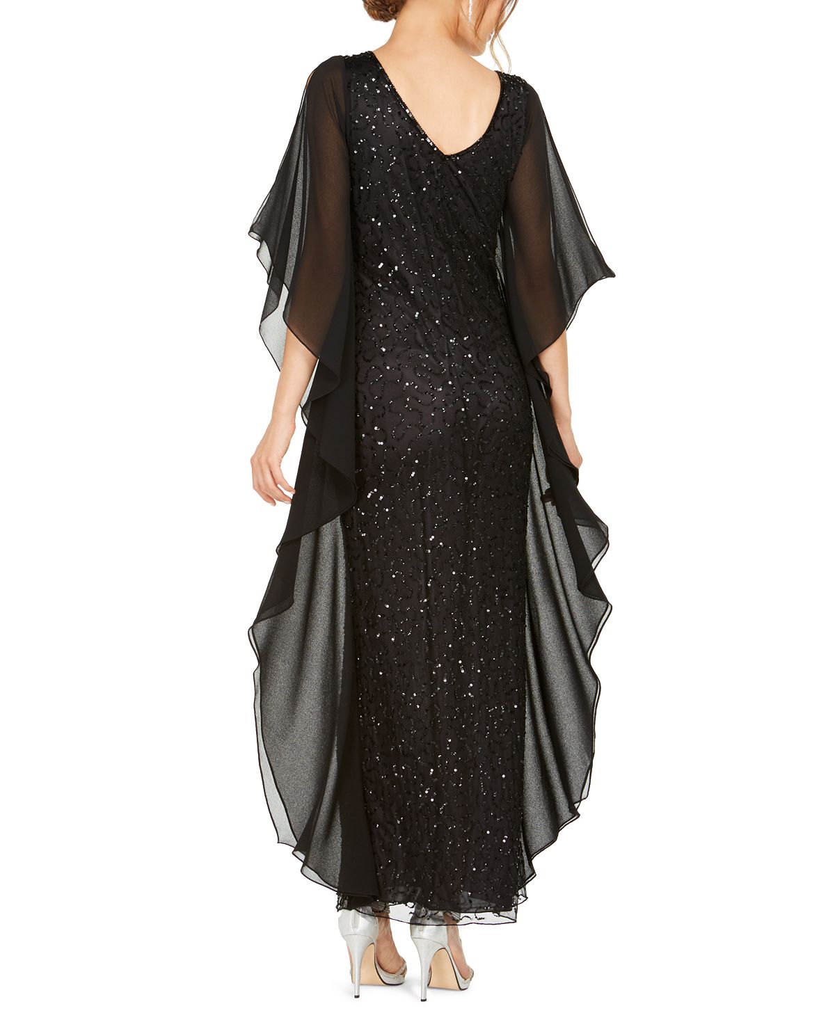 Vestido de festa feminino J Kara com lantejoulas e borboleta em chiffon, preto, tamanho 14