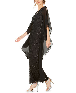Vestido de festa feminino J Kara com lantejoulas e borboleta em chiffon, preto, tamanho 14
