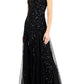 Vestido feminino J Kara com decote em V e contas, preto, tamanho 10
