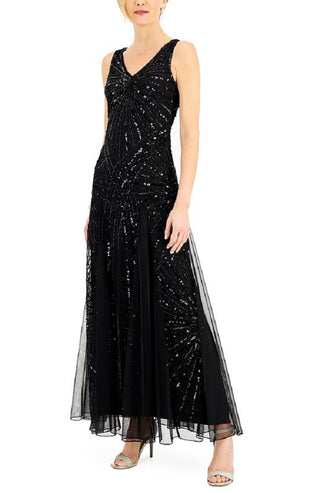 Vestido feminino J Kara com decote em V e contas, preto, tamanho 10