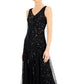 Vestido feminino J Kara com decote em V e contas, preto, tamanho 10