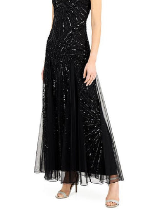 Vestido feminino J Kara com decote em V e contas, preto, tamanho 10