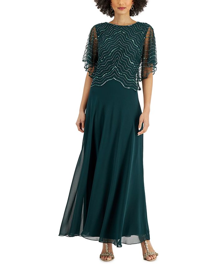 Vestido de noite longo com mangas esvoaçantes e decote redondo J Kara, tamanho 8, verde