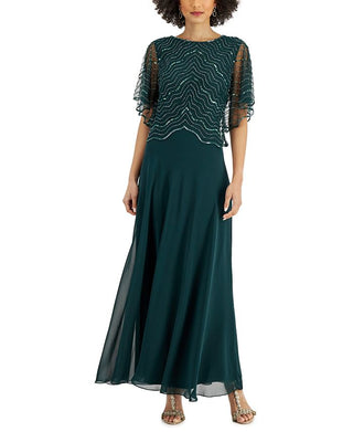 Vestido de noite longo com mangas esvoaçantes e decote redondo J Kara, tamanho 8, verde