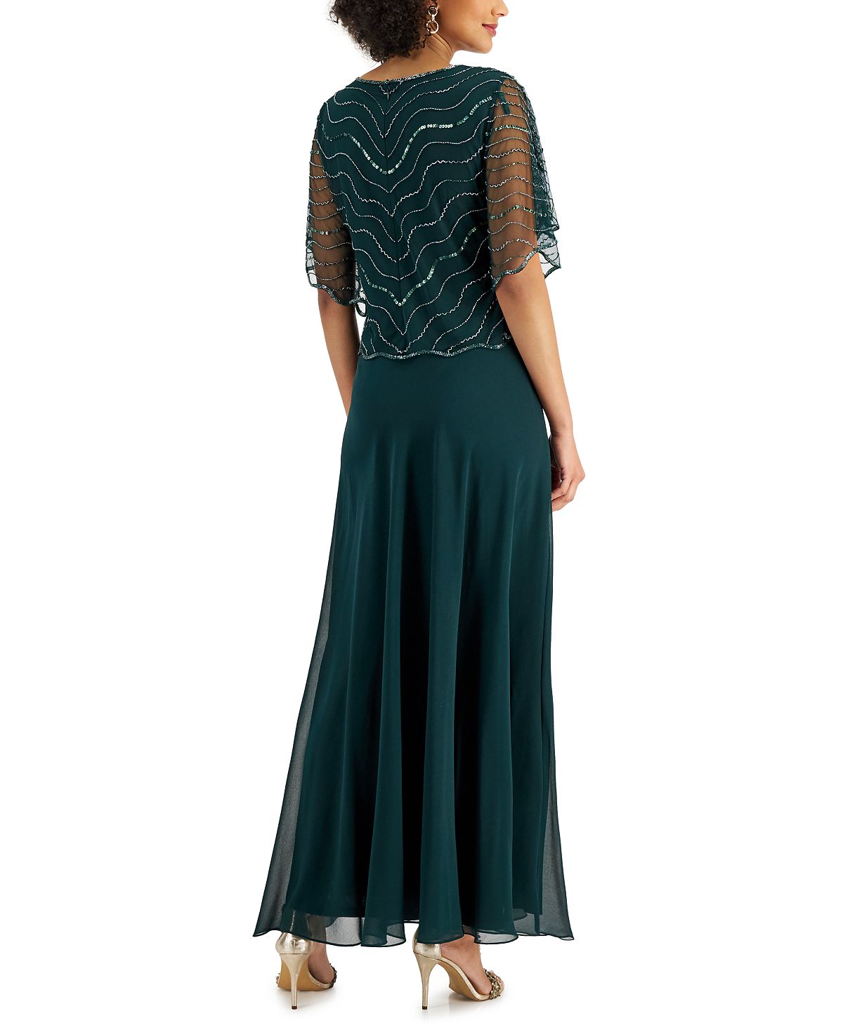 Vestido de noite longo com mangas esvoaçantes e decote redondo J Kara, tamanho 8, verde
