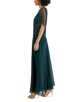 Vestido de noite longo com mangas esvoaçantes e decote redondo J Kara, tamanho 8, verde