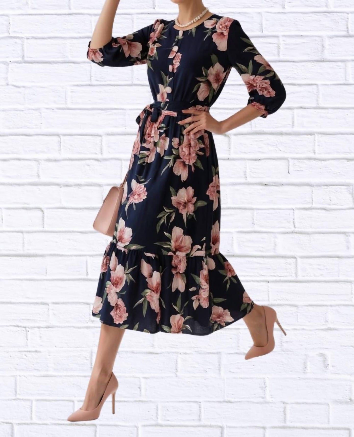 Diva Usa - Floral Midi Dress With Belt And Side Pockets