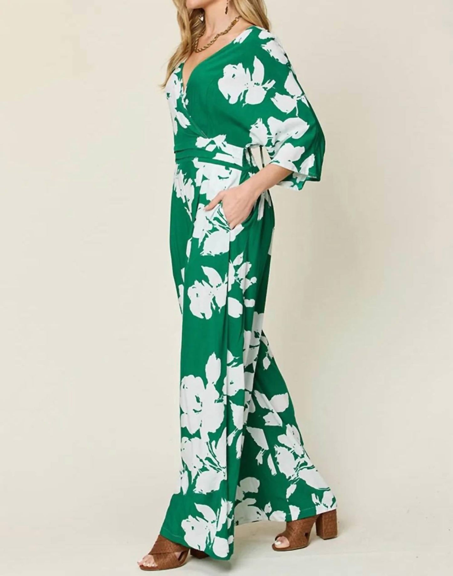 Double Take - Full Size Printed Tie Back Wide Leg Jumpsuit