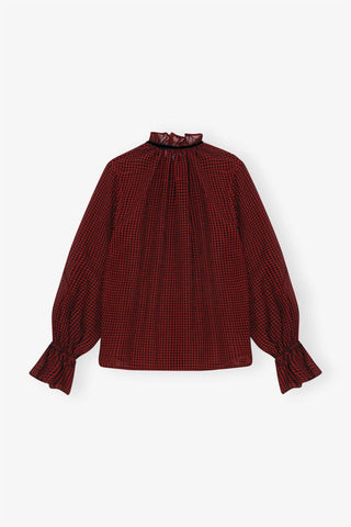 Ganni - Camisa vermelha transparente com cordão e amarração