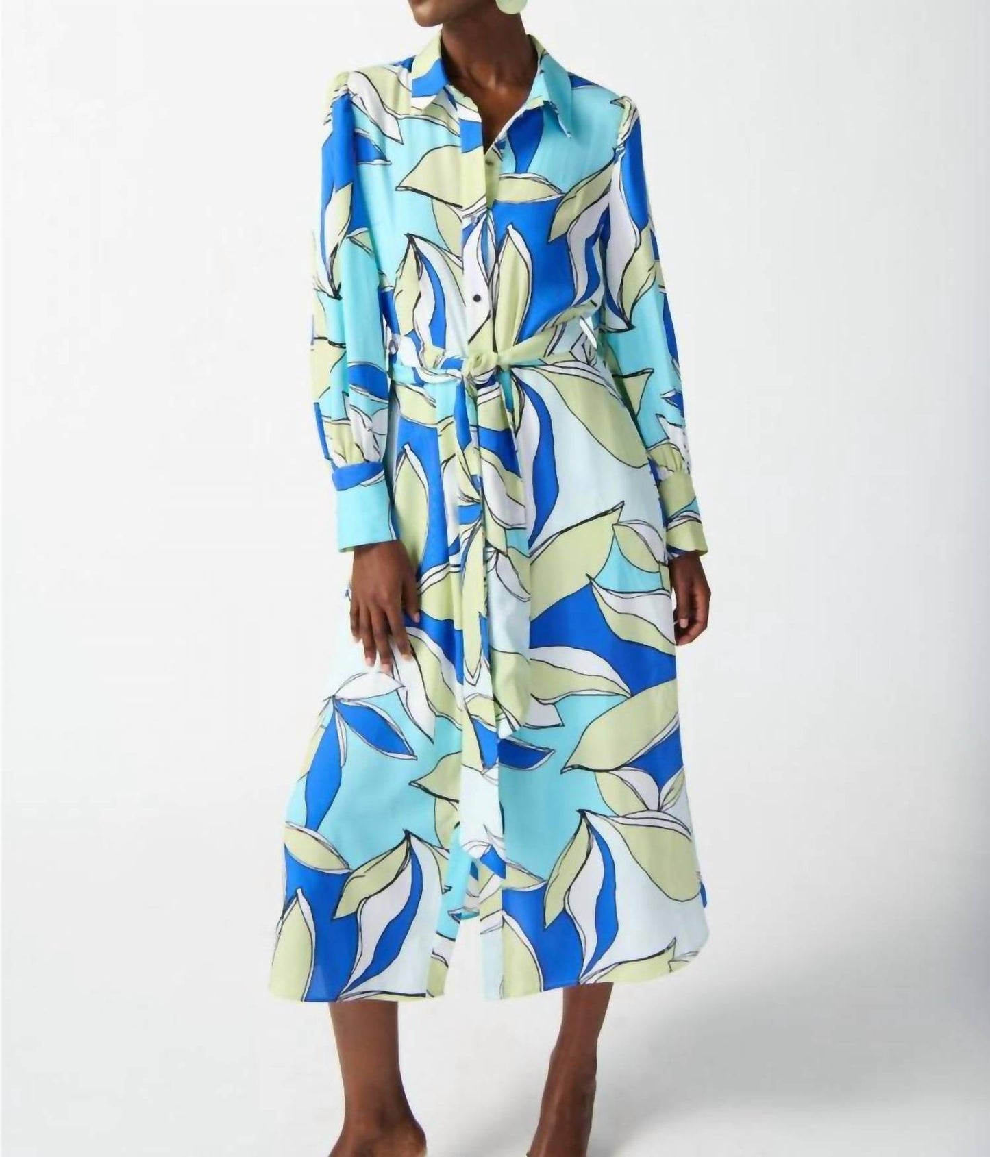 Joseph Ribkoff - Leaf Print Waist Tie Midi Shirt Dress