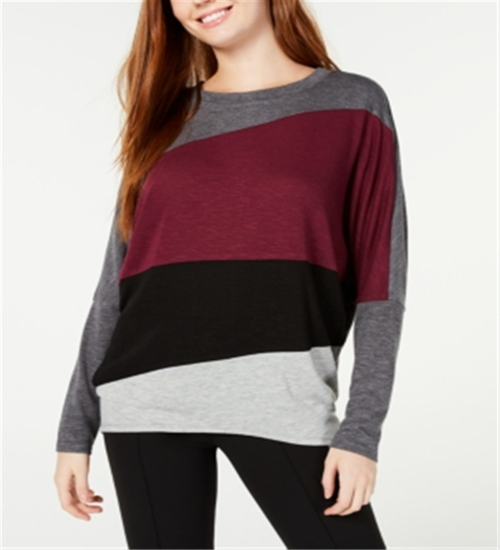 Blusa feminina BCX com estampa de blocos de cores e manga dolman, cinza/vinho, tamanho pequeno