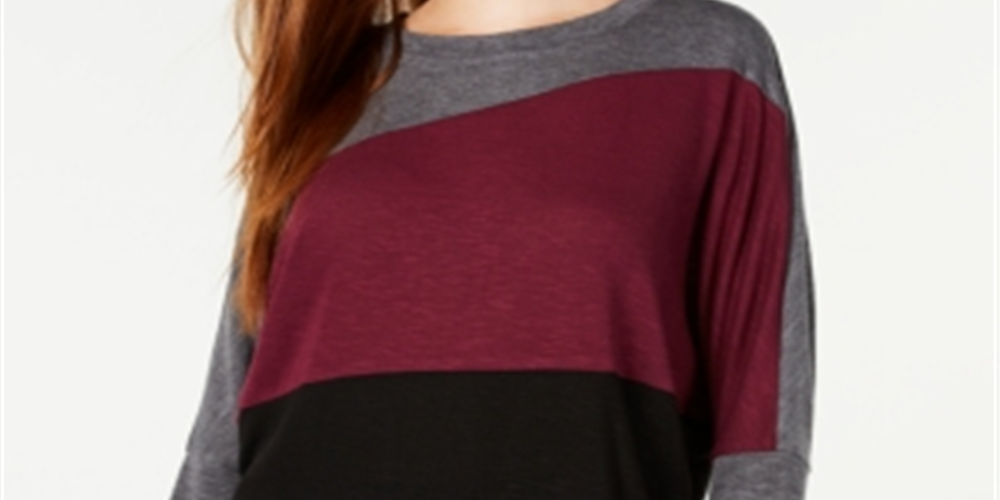 Blusa feminina BCX com estampa de blocos de cores e manga dolman, cinza/vinho, tamanho pequeno