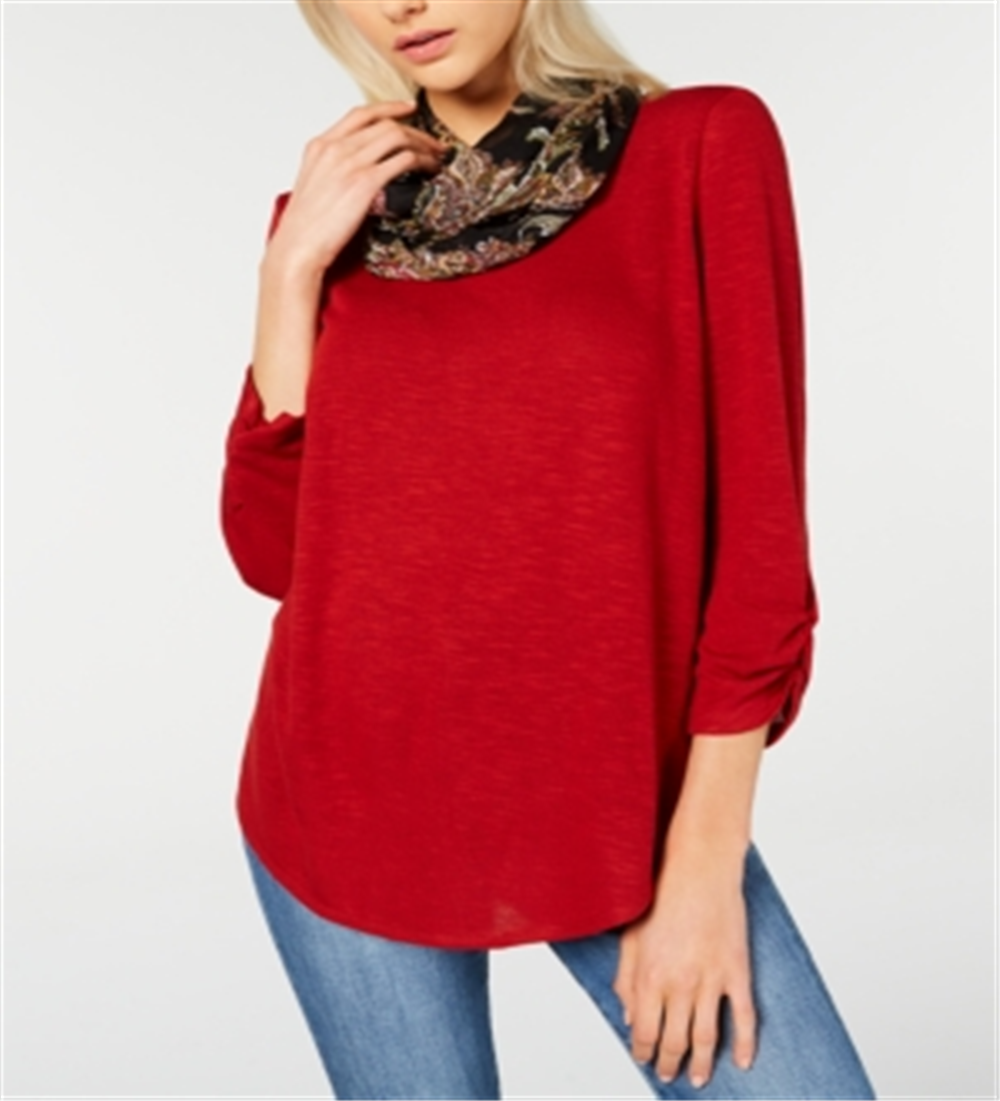 Blusa BCX Junior com manga franzida e cachecol estampado, marrom, tamanho grande