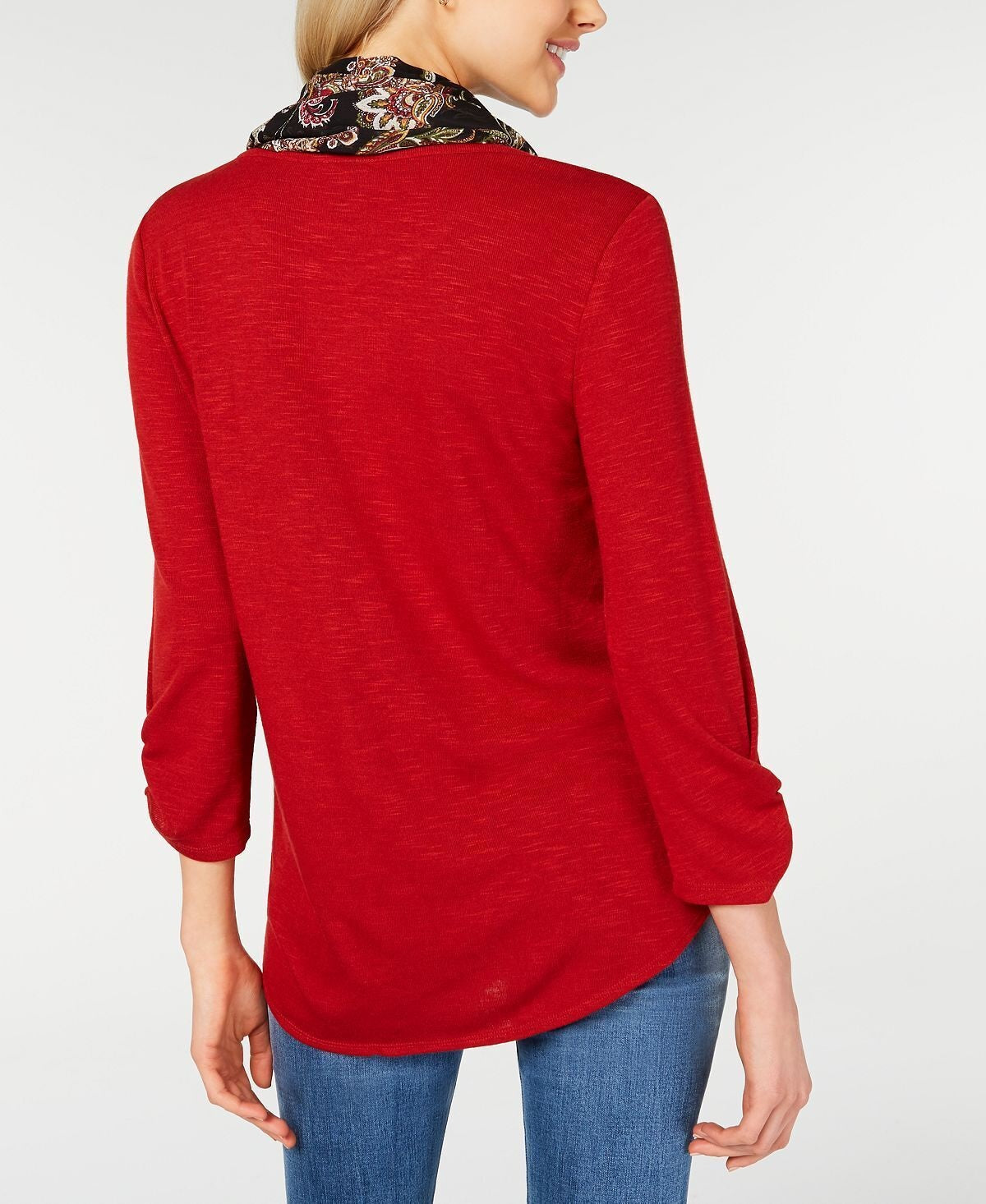 Blusa BCX Junior com manga franzida e cachecol estampado, marrom, tamanho grande