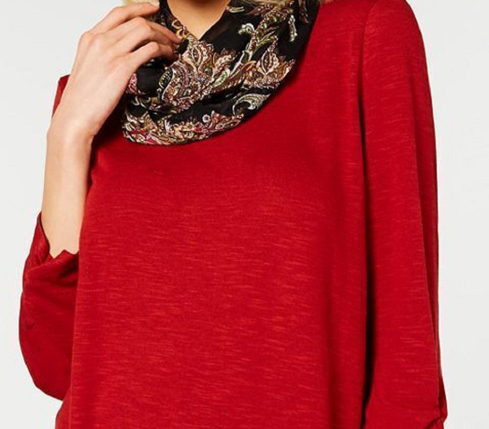 Blusa BCX Junior com manga franzida e cachecol estampado, marrom, tamanho grande
