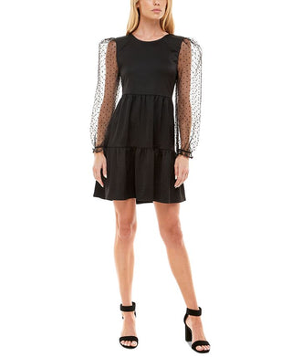 Speechless Junior's Sheer Dot Puff-Sleeve Dress Black Size Large