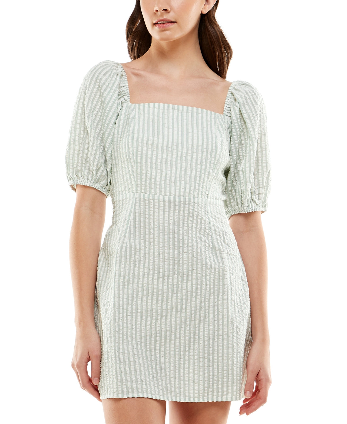 Vestido infantil de algodão com manga bufante e listras, tamanho médio, branco