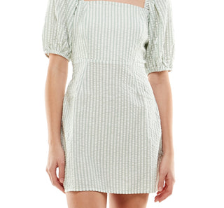 Vestido infantil de algodão com manga bufante e listras, tamanho médio, branco