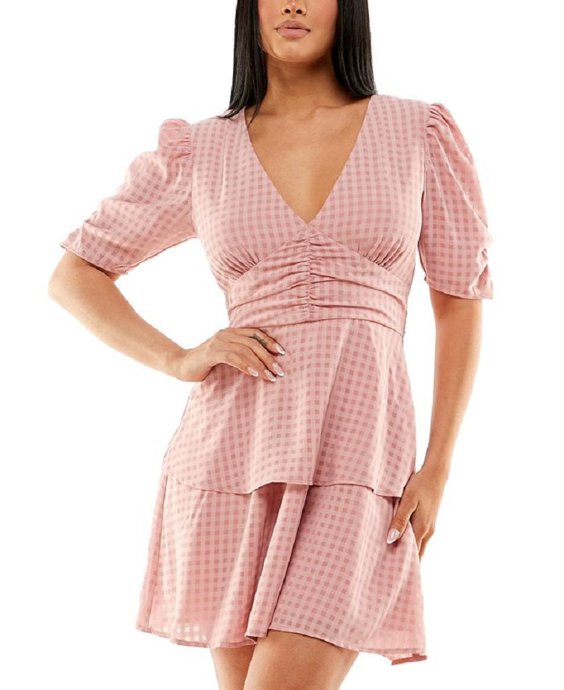 Vestido infantil estampado com manga bufante e camadas, rosa, tamanho médio