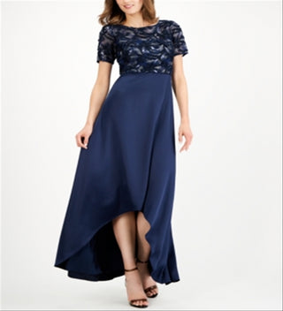 Adrianna Papell Women's Metallic Embroidered Evening Dress Blue Size 12