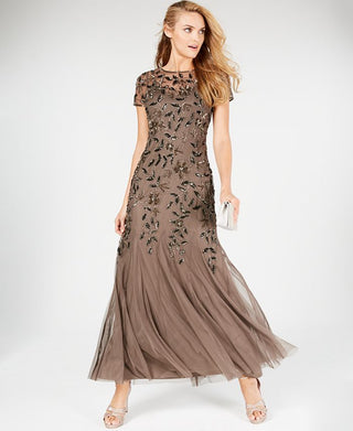 Adrianna Papell Women's Floral Embroidered Beaded Trumpet Gown in Lead Brown Size 4