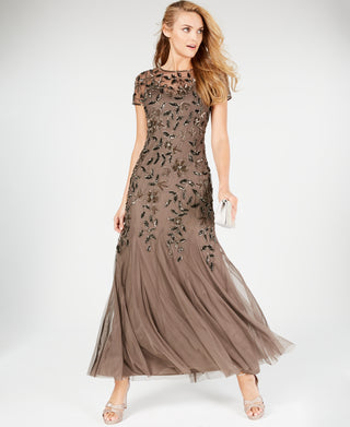 Adrianna Papell Women's Floral Embroidered Beaded Trumpet Gown in Lead Brown Size 4