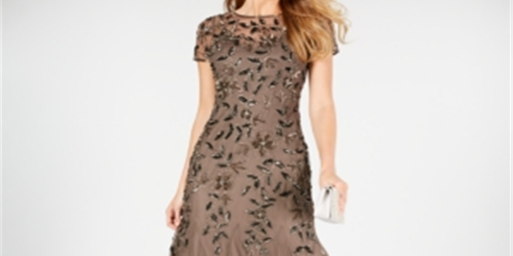 Vestido trompete feminino Adrianna Papell com bordado floral e contas, marrom chumbo, tamanho 4