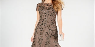 Adrianna Papell Women's Floral Embroidered Beaded Trumpet Gown in Lead Brown Size 4
