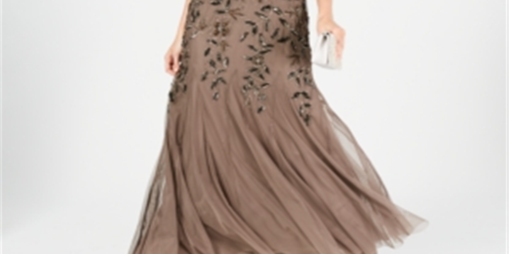 Vestido trompete feminino Adrianna Papell com bordado floral e contas, marrom chumbo, tamanho 4