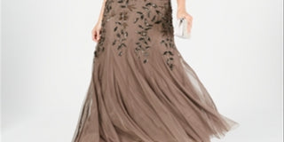 Adrianna Papell Women's Floral Embroidered Beaded Trumpet Gown in Lead Brown Size 4