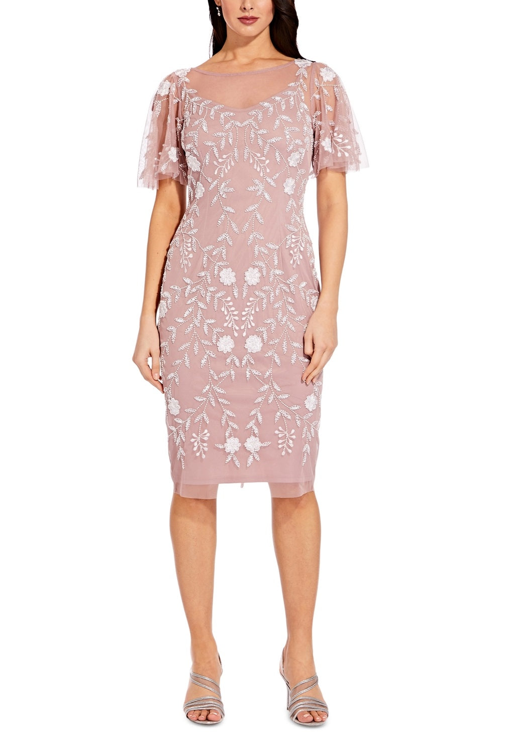 Vestido tubinho com mangas esvoaçantes e detalhes embelezados, tamanho 4, feminino, Adrianna Papell