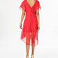 Vestido midi feminino Adrianna Papell com sobreposição transparente, costas abertas, forro, mangas bufantes, decote ilusão, coral, tamanho extragrande