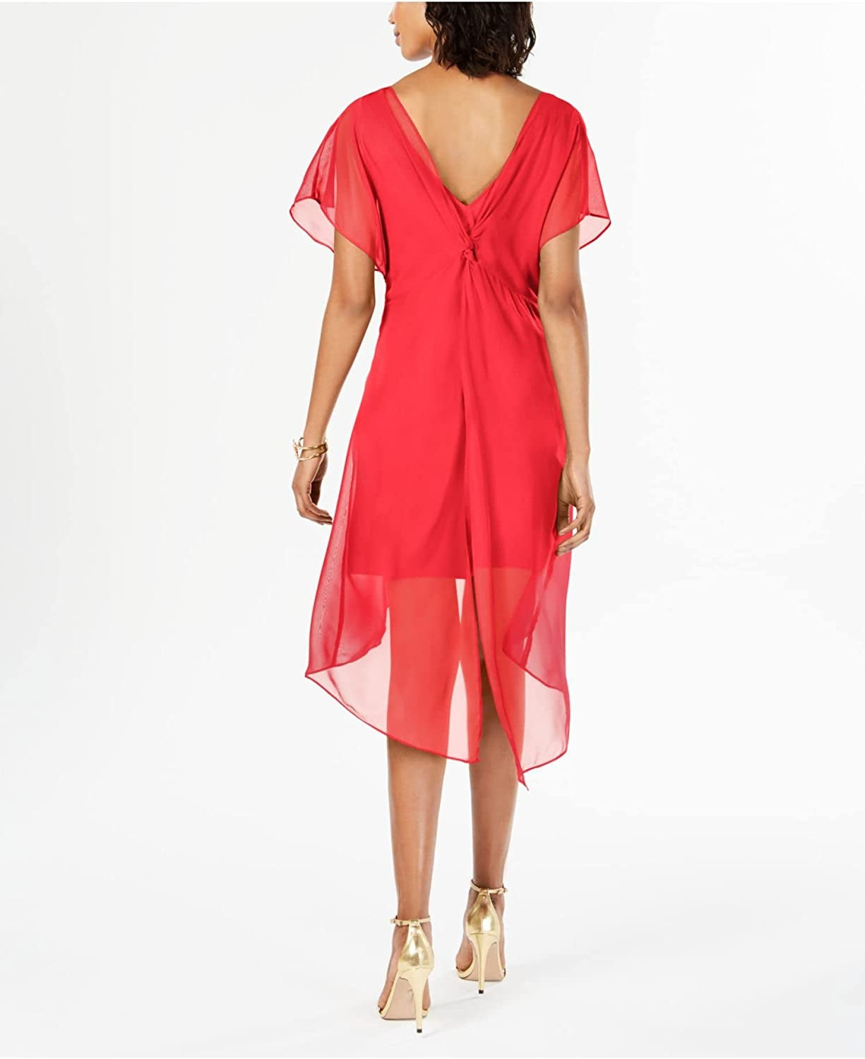 Vestido midi feminino Adrianna Papell com sobreposição transparente, costas abertas, forro, mangas bufantes, decote ilusão, coral, tamanho extragrande