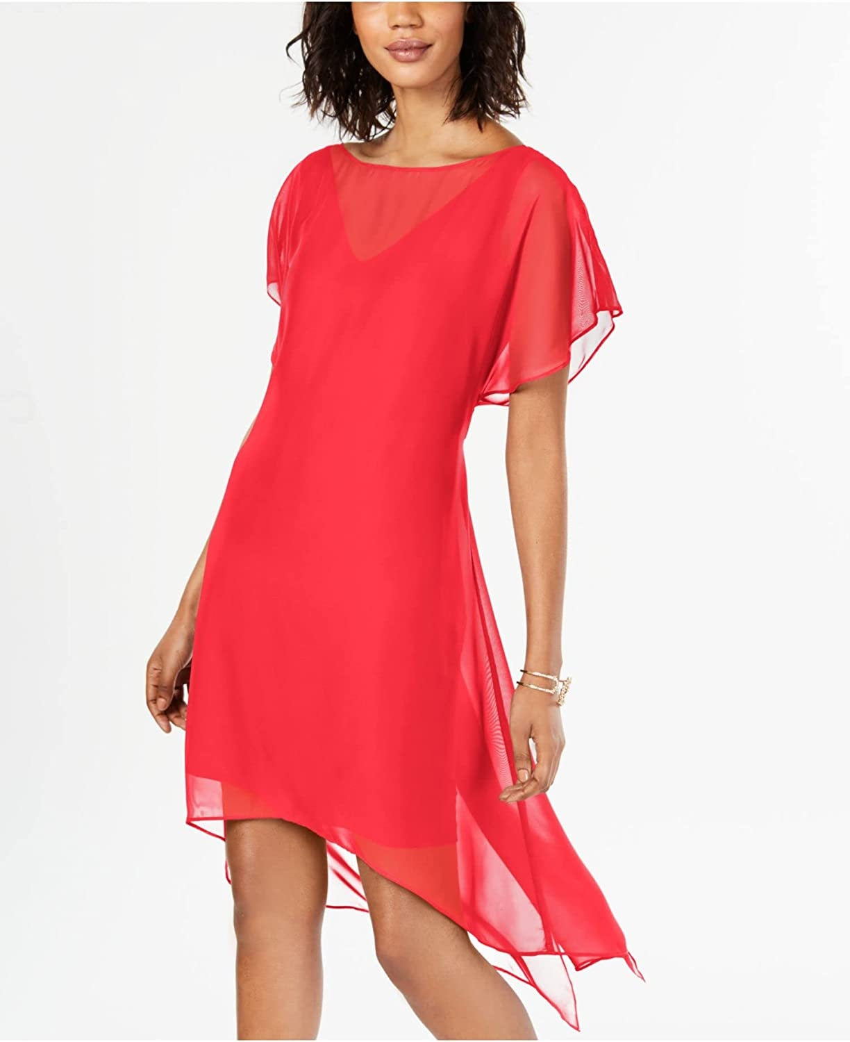Vestido midi feminino Adrianna Papell com sobreposição transparente, costas abertas, forro, mangas bufantes, decote ilusão, coral, tamanho extragrande