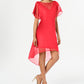 Vestido midi feminino Adrianna Papell com sobreposição transparente, costas abertas, forro, mangas bufantes, decote ilusão, coral, tamanho extragrande