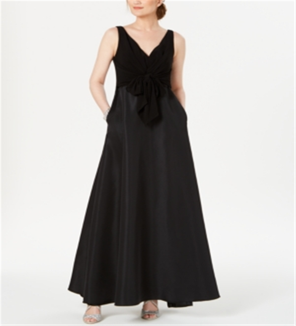 Vestido feminino Adrianna Papell com decote em V e amarração na cintura, preto, tamanho 16